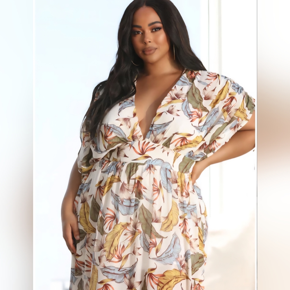 Farrah Floral Leaf Print Maxi Dress - Ivory/Combo - Picture 3 of 3